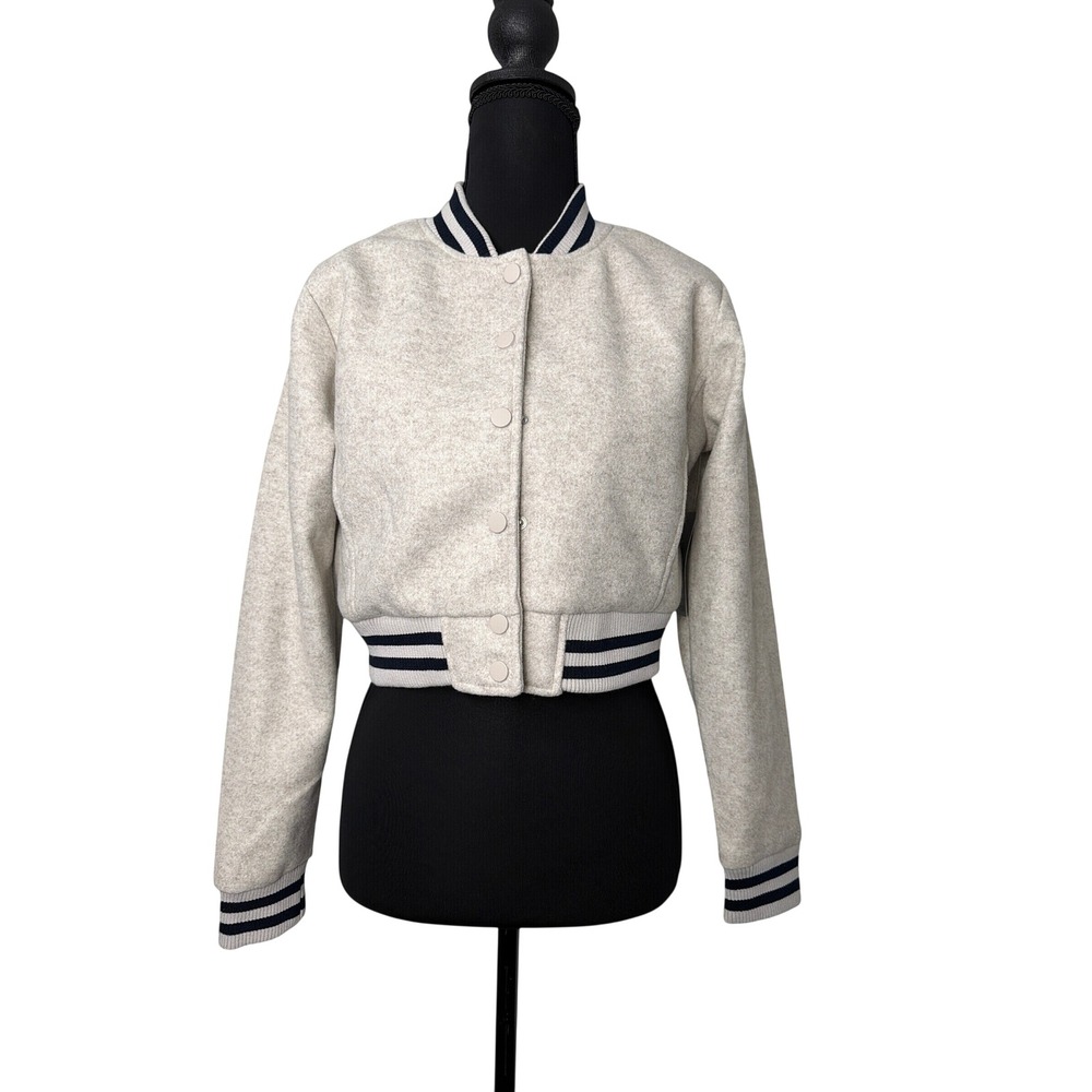 Stitch Fusion Kids Cropped Varsity Bomber Jacket Oatmeal Navy 10/12 NWT
